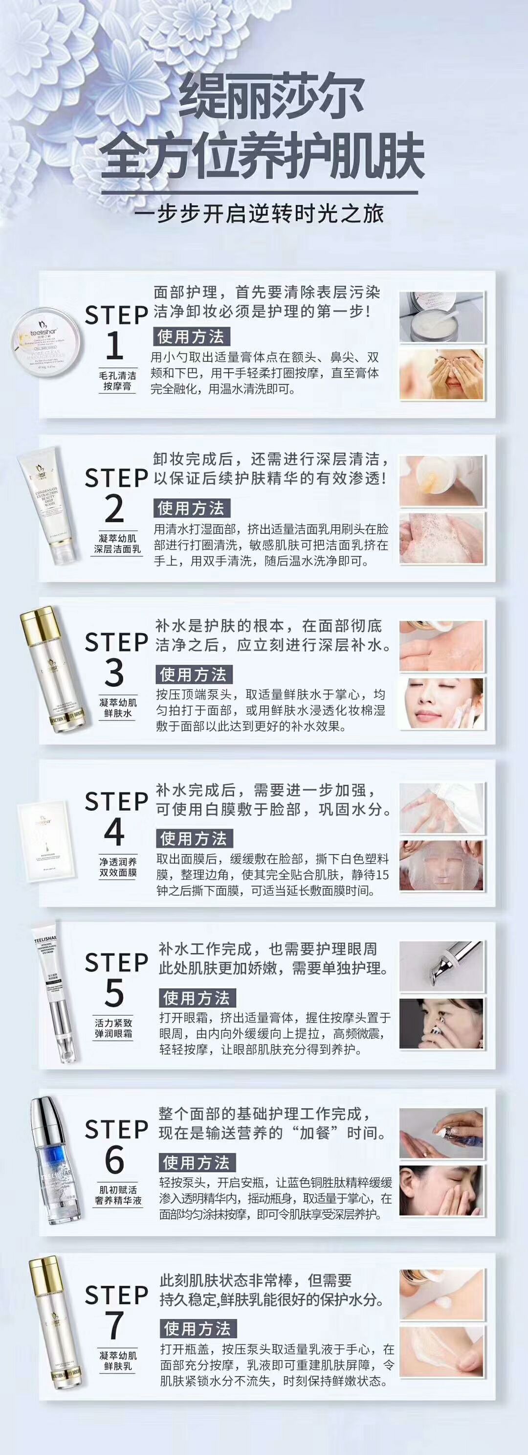 毛孔清洁按摩膏 、洁面乳、鲜肤水、乳、双效面膜、精华液、眼霜