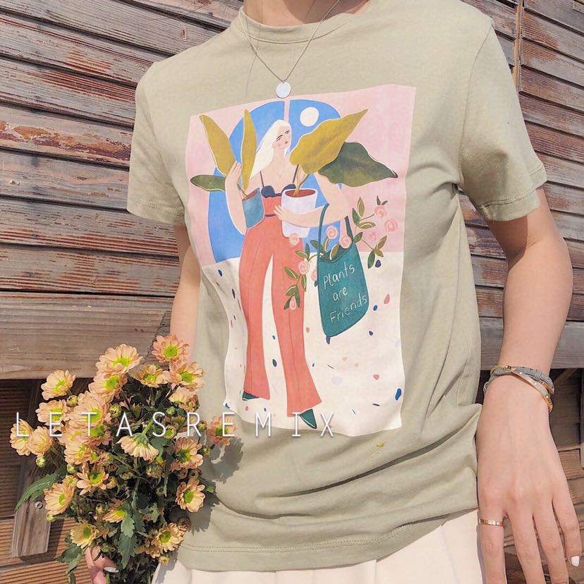 网红爆款：Ins北欧手画花盆女纯棉圆领短袖T恤